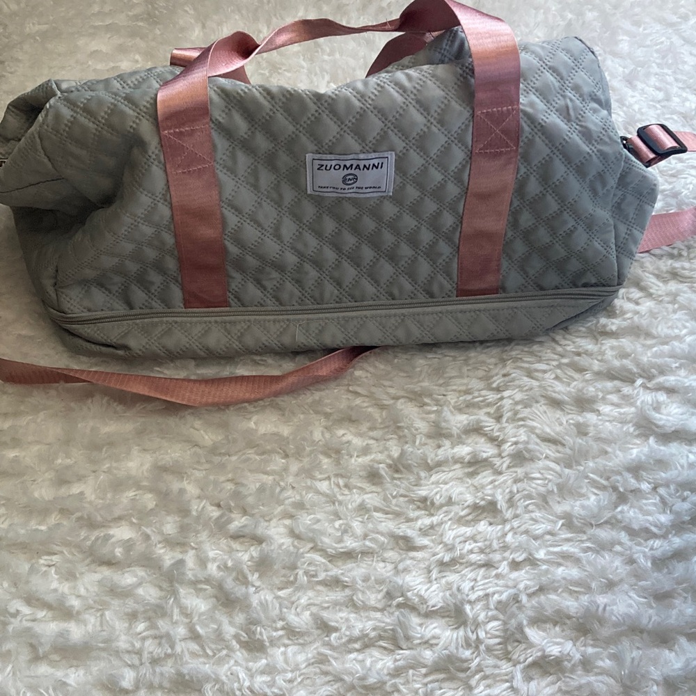 Quilted Gray and Pink Duffle Bag